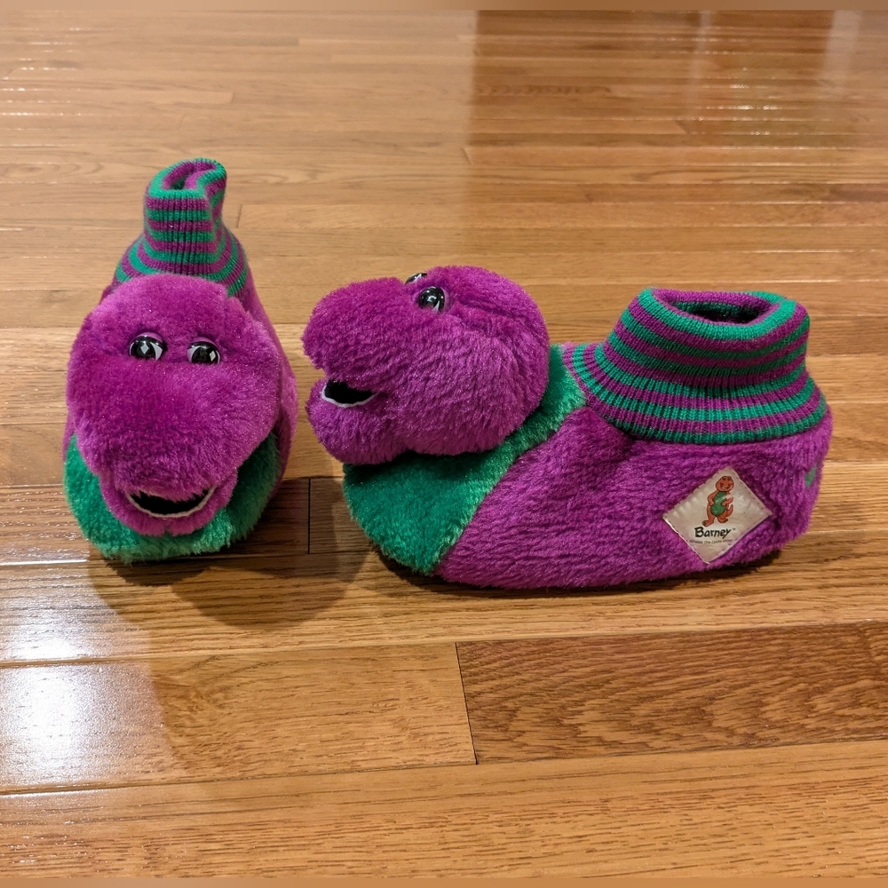 Barney The Dinosaur 1993 Purple and Green Plush Slippers 11-12 XL